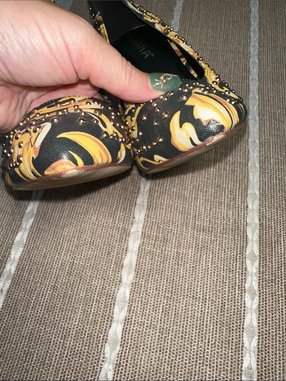 Liliana Black & Yellow Floral Studded Pointed Toe Pumps - Picture 6 of 7